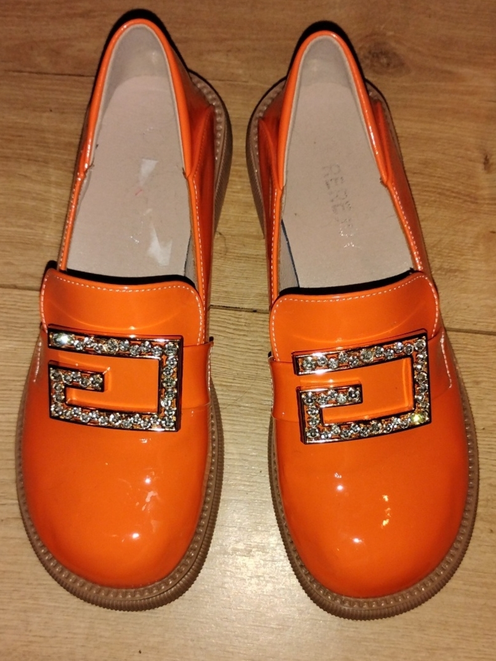 Orange Patent Slip-On Loafers with Crystal Buckle Accent
